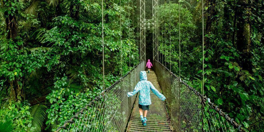 Børn går på hængebro i Costa Rica i regnvejr 