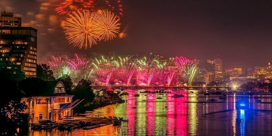 Farverigt fyrværkeri over Boston d. 4. juli