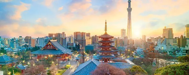Tokyo skyline med templer og høje bygninger
